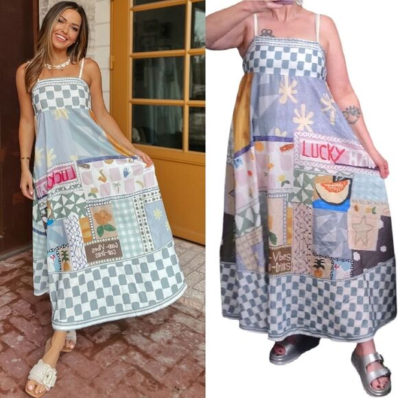 Europecore Sleeveless Picnic Print Smocked Back Midi Dress Medium - Picture 1 of 15